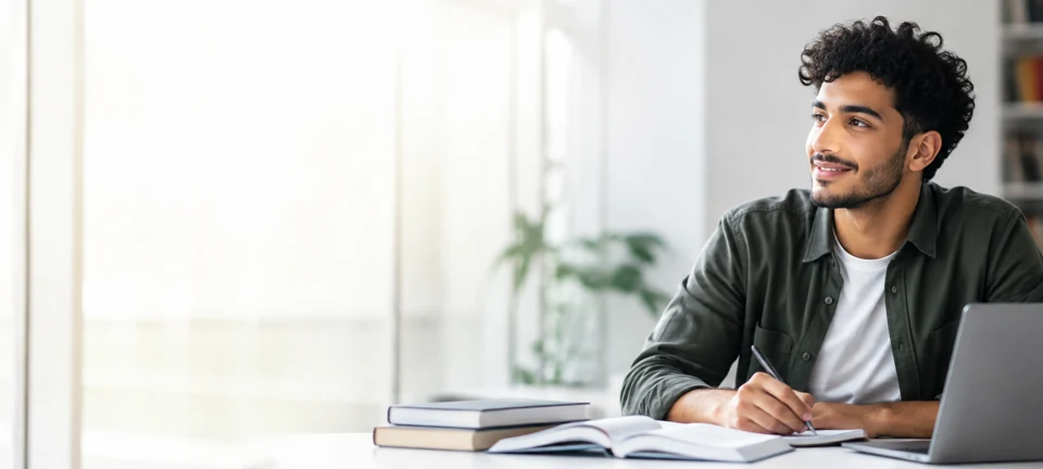 Young Middle Eastern student casually dressed, reviewing academic work and looking toward the proofreading call to action