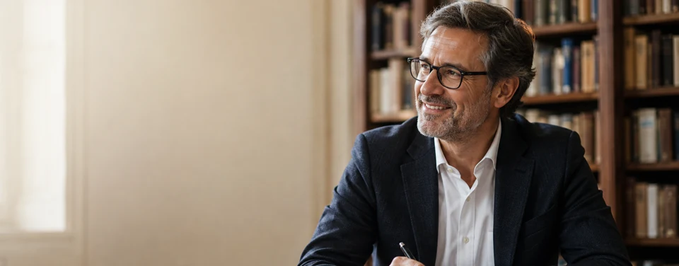 Smiling professor in a library reviewing academic papers and looking toward the call to action