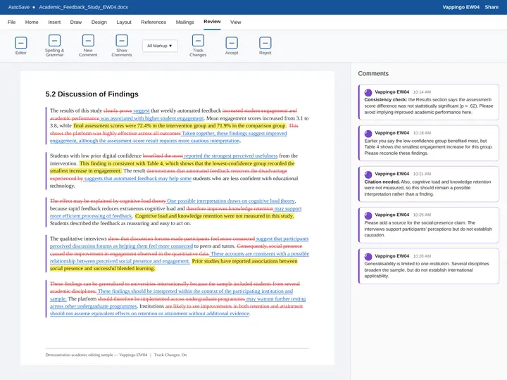 Substantively edited academic paper showing tracked changes, highlighted evidence issues and Vappingo EW04 comments on logic, consistency and missing citations