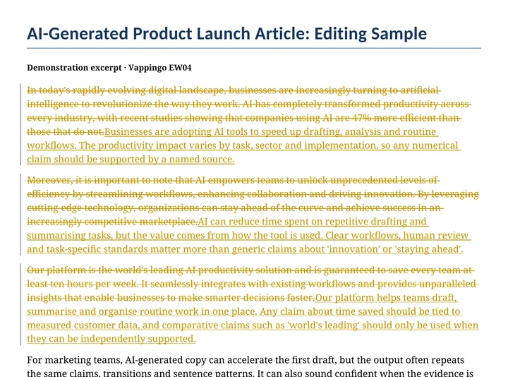 AI content editing sample showing tracked changes to unsupported claims and generic AI phrasing