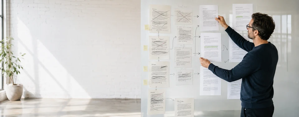 Writer physically reorganising and rewriting an article on a planning wall