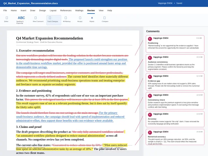 Substantively edited business strategy document showing major tracked changes, highlighted evidence issues and Vappingo EW04 comments