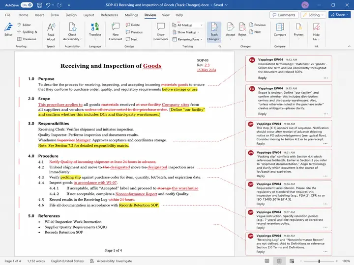 Substantively edited business operating manual showing tracked changes, highlighted issues and Vappingo editor comments on consistency, accuracy and document control