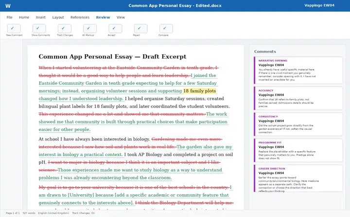 College application essay editing sample showing major tracked changes and Vappingo EW04 comments on narrative, accuracy, programme fit and consistency