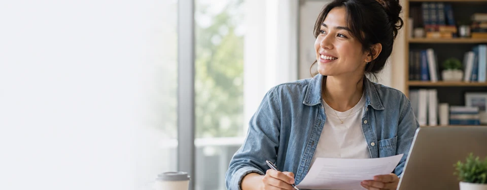 Smiling casually smart job applicant holding a cover letter and looking toward the call to action