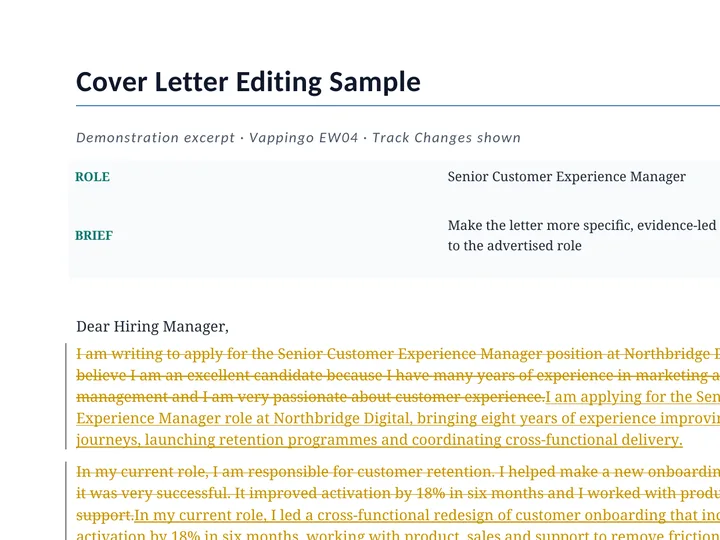 Cover letter editing sample showing tracked changes by Vappingo EW04