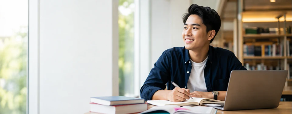 Smiling casually dressed student in a library study space, looking toward the call to action while working on English writing