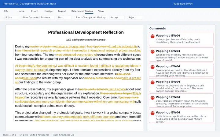 ESL editing sample showing extensive tracked changes and Vappingo EW04 comments on natural English, grammar patterns and meaning