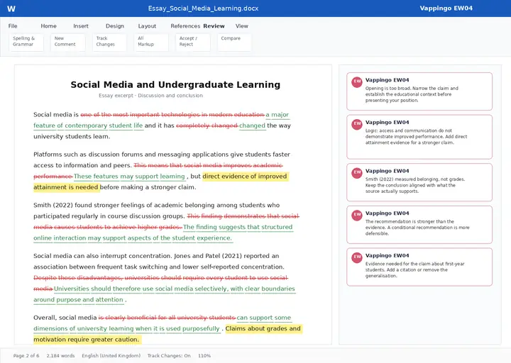 Substantively edited student essay showing tracked changes and Vappingo EW04 comments on logic, evidence and argument