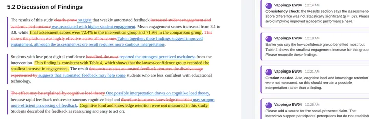 Cropped academic editing sample showing substantive tracked changes and Vappingo EW04 comments