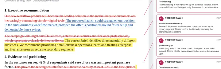 Cropped business editing sample showing tracked changes and comments on unsupported claims