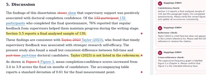 Cropped dissertation proofreading sample showing comments on sample-size and reference consistency