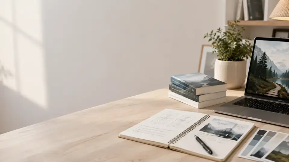 Books, manuscript notes and a laptop in a publishing workspace