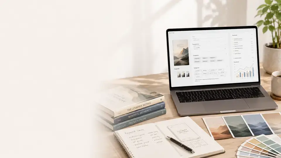 KDP publishing workspace with book listing research on a laptop