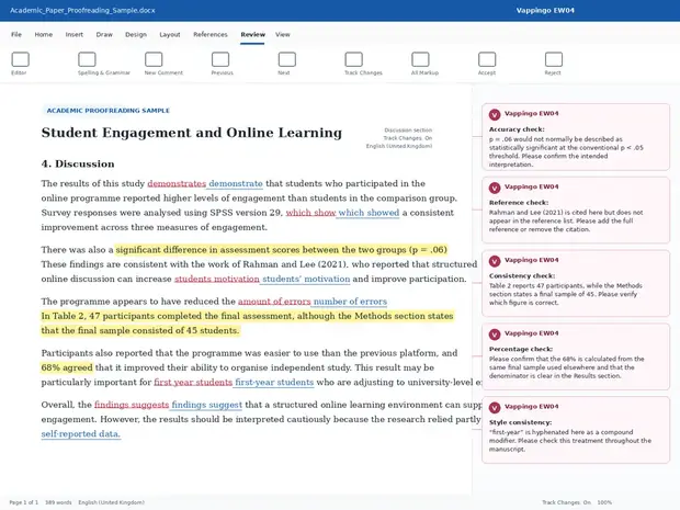 Academic proofreading sample with tracked corrections and comments