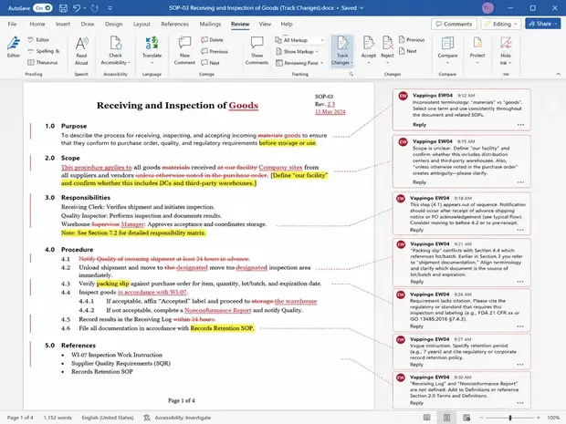Business proofreading sample showing consistency checks