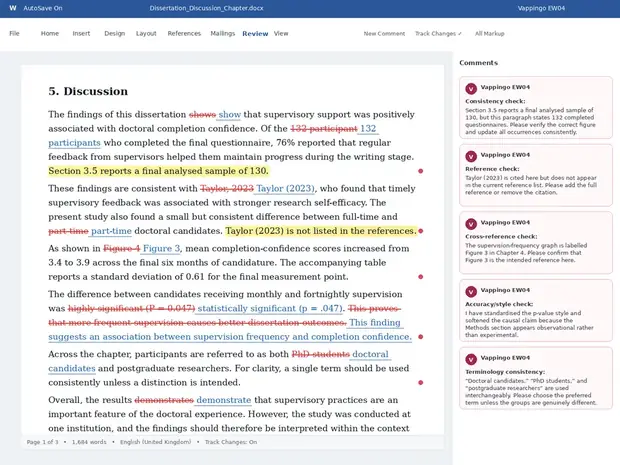 Dissertation proofreading sample showing cross-document consistency checks