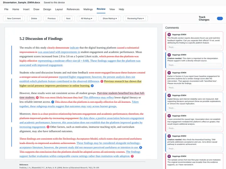 Microsoft Word dissertation editing sample showing Track Changes and Vappingo EW04 editor comments