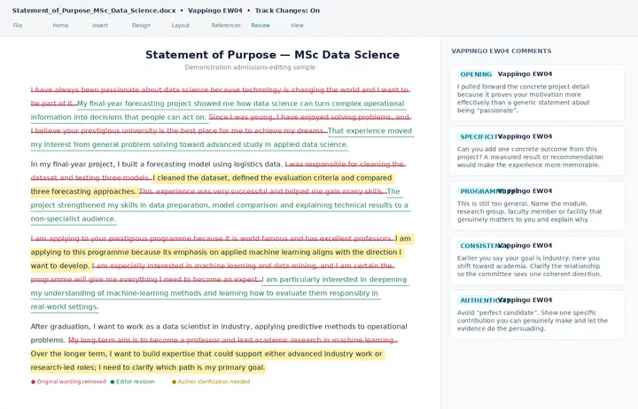 Statement of purpose editing sample showing tracked revisions and Vappingo EW04 comments on specificity, programme fit and career-goal consistency