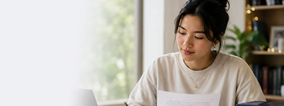 Postgraduate researcher completing a final thesis proofread with thesis pages and laptop at her desk