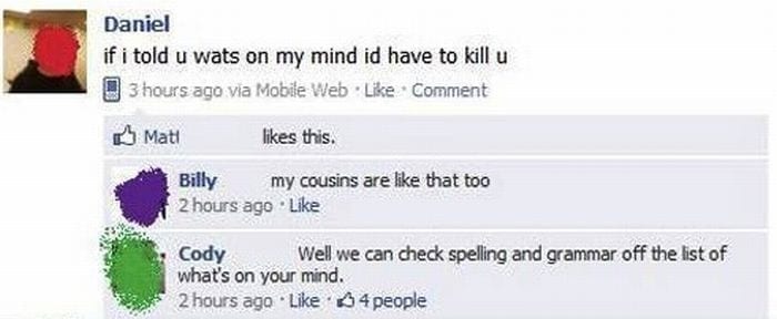 Facebook status needs spelling check