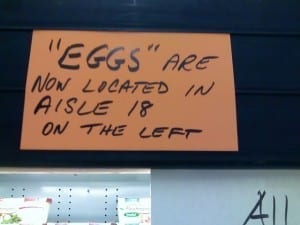 Reads: "eggs" are now located...