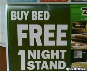 Punctuation 16 Reads: buy bed free 1 night stand