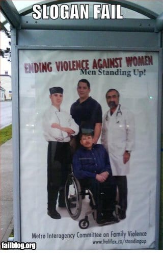 Poster shows wheelchair-bound adult and the slogan "men standing up"