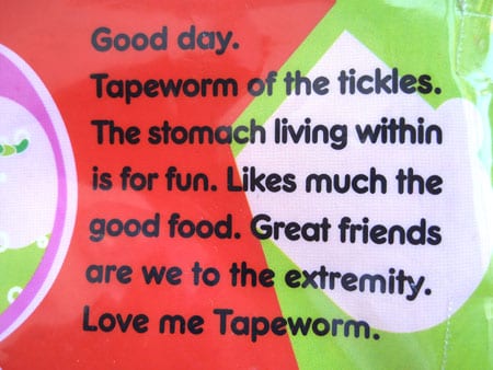 Badly translated packet Terrible translation about a tape worm