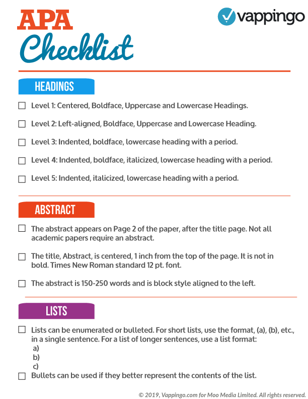 Checklist of APA rules for headings, abstract, and lists