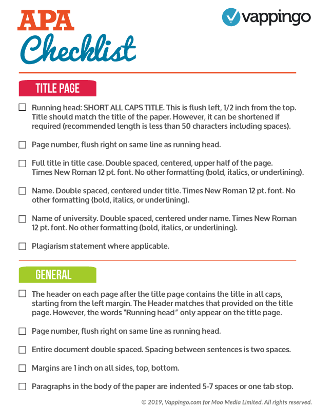 Checklist of APA rules for title page and general formatting