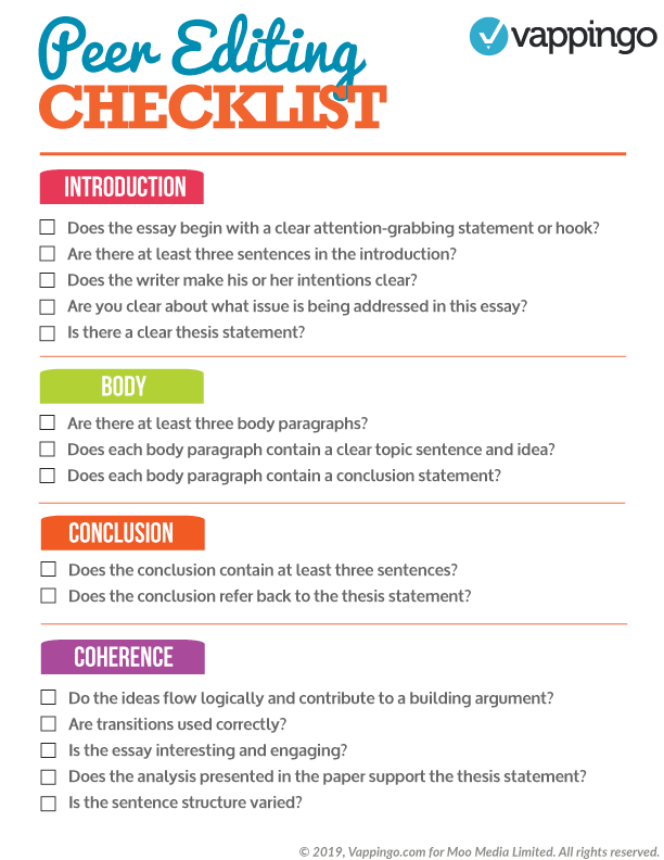 peer edit essay checklist