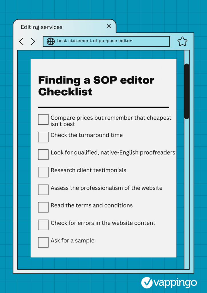 Picture of a checklist for finding a statement of purpose editor