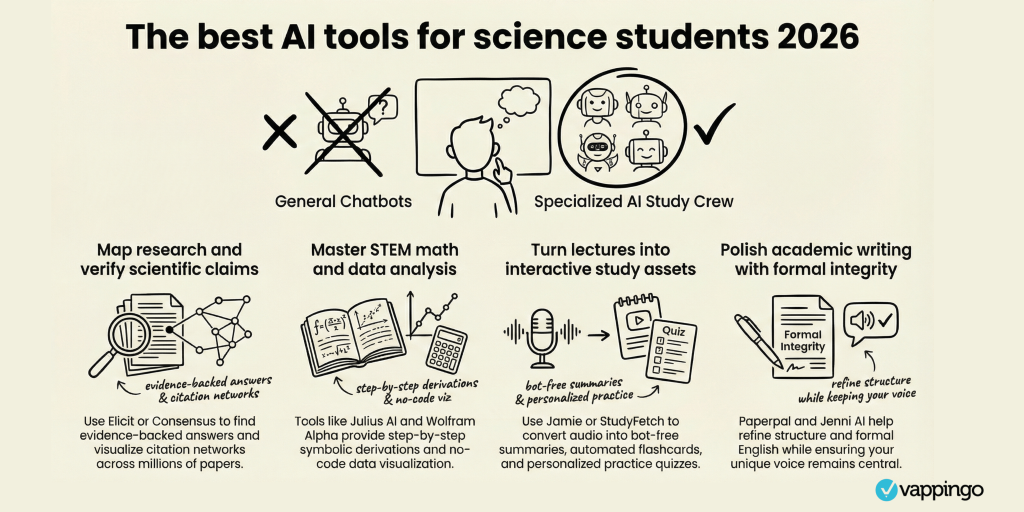 An infographic exploring the best AI science tools for students 2026