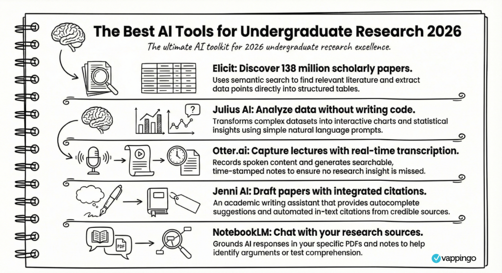 An infographic showing the best tools for undergraduate research 2026
